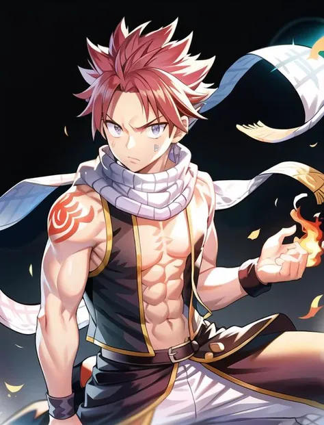 <lora:Natsu:0.8>,
scarf, 1boy, male focus, abs, fire, solo, tattoo, white scarf, belt, navel, pants, closed mouth, muscular, red hair, spiked hair, looking at viewer, open clothes, vest, black background, cowboy shot, serious, sanpaku, pectorals, sleeveless, wristband, white pants, bare shoulders, hands up, toned, v-shaped eyebrows, buckle, shoulder tattoo, arm tattoo