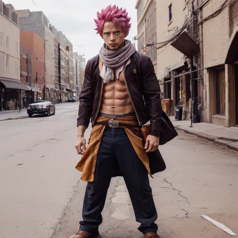 (masterpiece:1.3), (best quality:1.3), (ultra-detailed), perfect-lighting, guy, solo, natsu_dragneel, pink hair, white scarf, six pack, <lora:Natsu:0.8>, full body