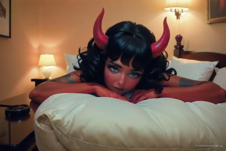 a beautiful d3v1lg1rl, black hair, makeup, colored skin, red skin, r3d skin, demon horns, demon girl wearing delicate transparent lingerie in the bedroom, lying on the bed seductively, Artificial Indoor Lighting, Dim And Cozy Lighting, Soft And Warm Lighting, 16K, Best Quality, High Quality, Highres, Masterpiece, Super Detail, Photography Style, Photorealism Style, Hyperrealism Style, Hyper maximalist, Fashion Photography, Glamour Photography, embedding:Positive\epiCPhoto, <lora:Character\d3v1lg1rl2:0.8> <lora:Fashion\d3m0ndr3ss:0.7>