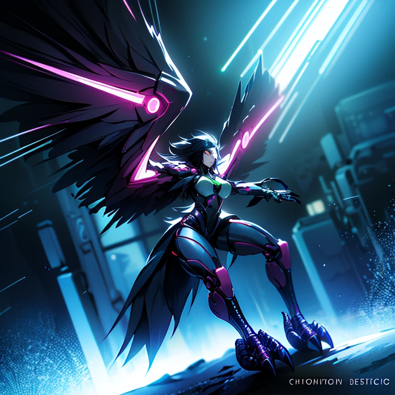 a_photo_of harpy monster girl looking at viewer, detailed background, detailed face, cyberpunk soldier, saboteur, wearing battle-gear, battle-stance, cybernetic implants, glowing neon lights, searchlights in background, storm, floating particles, particle effects, cinematic atmosphere <lora:Cyberpunk01:0.71> <lora:aiomonstergirls_aiov4LoraLycoris:1>