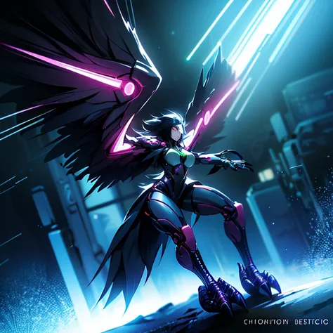 a_photo_of harpy monster girl looking at viewer, detailed background, detailed face, cyberpunk soldier, saboteur, wearing battle-gear, battle-stance, cybernetic implants, glowing neon lights, searchlights in background, storm, floating particles, particle effects, cinematic atmosphere <lora:Cyberpunk01:0.71>  <lora:aiomonstergirls_aiov4LoraLycoris:1>