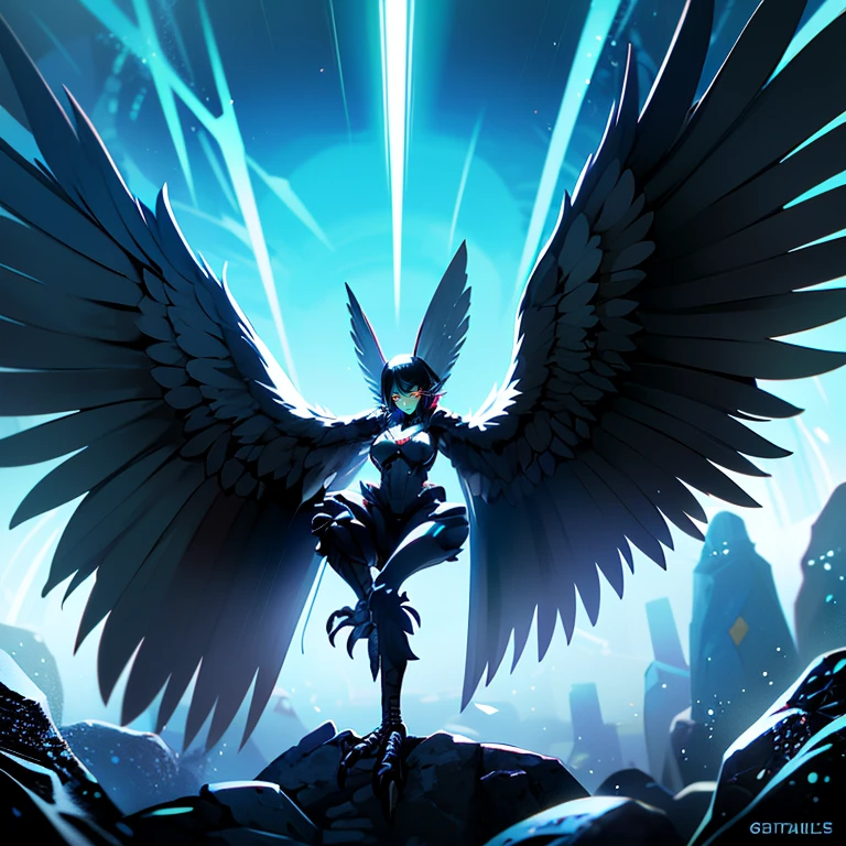 a_photo_of harpy monster girl looking at viewer, winged arms, harpy, bird legs, talons, detailed background, detailed face, cyberpunk soldier, saboteur, wearing battle-gear, battle-stance, cybernetic implants, glowing neon lights, searchlights in background, storm, floating particles, particle effects, cinematic atmosphere <lora:Cyberpunk01:0.71> <lora:aiomonstergirls_aiov4LoraLycoris:1>