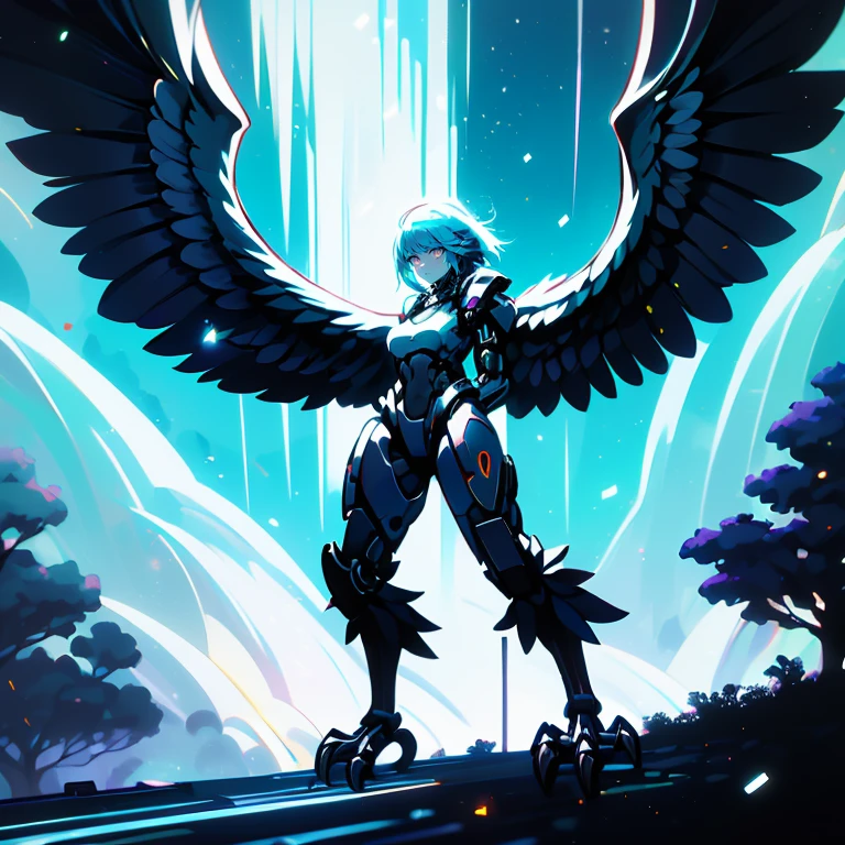 a_photo_of harpy monster girl looking at viewer, winged arms, harpy, bird legs, talons, detailed background, detailed face, cyberpunk soldier, saboteur, wearing battle-gear, battle-stance, cybernetic implants, glowing neon lights, searchlights in background, storm, floating particles, particle effects, cinematic atmosphere <lora:Cyberpunk01:0.971> <lora:Chromaterra_SD1.5_version-000008:1> DonMChr0m4t3rr4