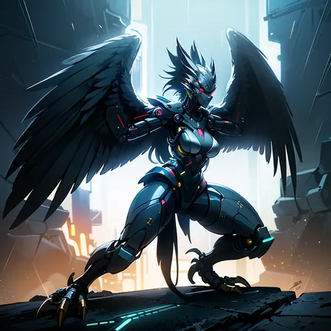 a_photo_of harpy monster girl looking at viewer, detailed background, detailed face, cyberpunk soldier, saboteur, wearing battle-gear, battle-stance, cybernetic implants, glowing neon lights, searchlights in background, storm, floating particles, particle effects, cinematic atmosphere <lora:Cyberpunk01:0.71>