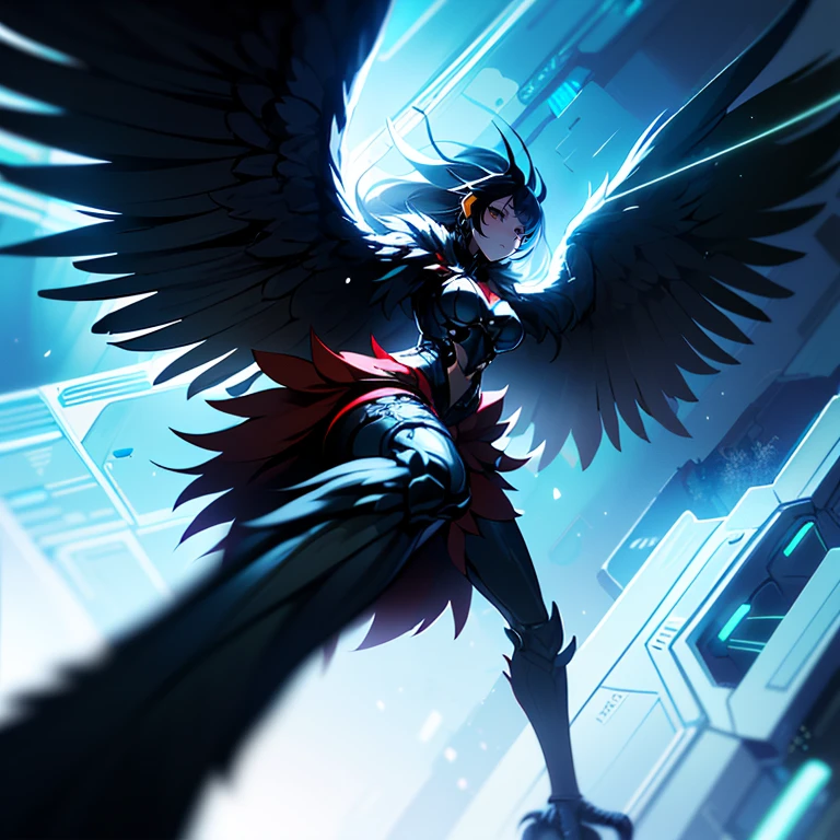 a_photo_of harpy monster girl looking at viewer, winged arms, harpy, bird legs, talons, detailed background, detailed face, cyberpunk soldier, saboteur, wearing battle-gear, battle-stance, cybernetic implants, glowing neon lights, searchlights in background, storm, floating particles, particle effects, cinematic atmosphere <lora:Cyberpunk01:0.71> <lora:aiomonstergirls_aiov4LoraLycoris:1>