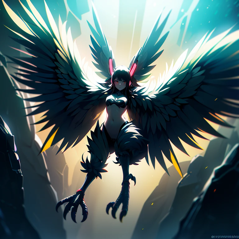 a_photo_of harpy monster girl looking at viewer, winged arms, harpy, bird legs, talons, detailed background, detailed face, cyberpunk soldier, saboteur, wearing battle-gear, battle-stance, cybernetic implants, glowing neon lights, searchlights in background, storm, floating particles, particle effects, cinematic atmosphere <lora:Cyberpunk01:0.71> <lora:aiomonstergirls_aiov4LoraLycoris:1>