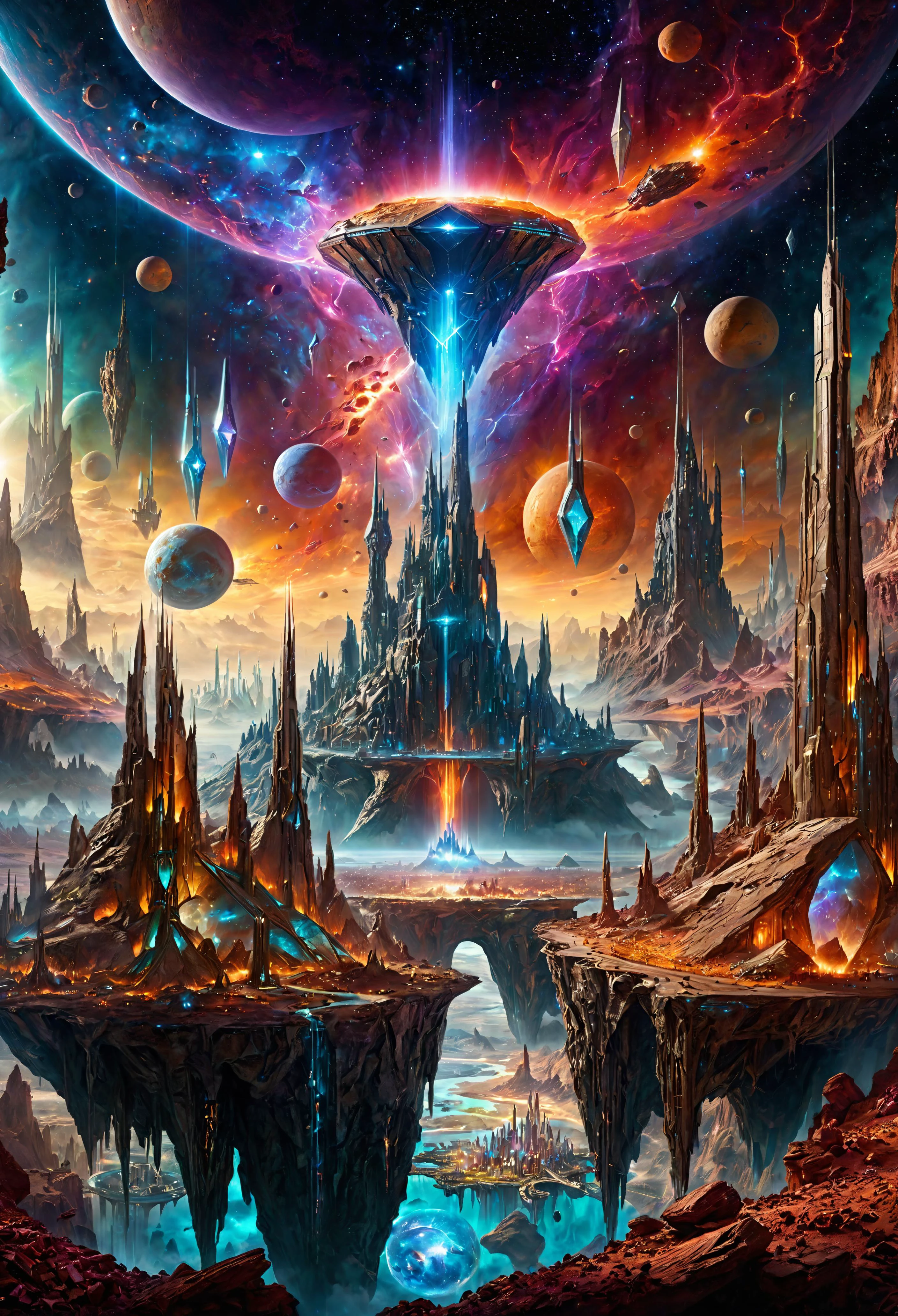 photograph, cinematic color grading, fantasy, megacity, dilithium mine in a great fantasy topia at the beginning of the universe, masterpiece, very high quality of the image and lots of good details,through the prism of connection, we realize we are but threads in the intricate tapestry of the universe, <lora:EnvyEthescapelXL01:0.7>, Unsought details, glowing, atmospheric, amazing fantasy setting