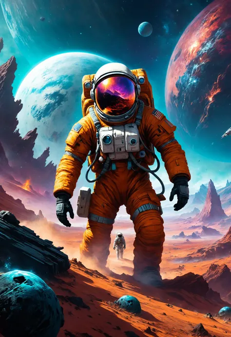 A stranded astronaut battles the elements on a hostile planet, struggling to survive in a harsh environment while awaiting rescue from Earth, Sentient AI companion adapting to user's preferences in the foreground, <lora:saturated_colors:0.8> saturated colors, <lora:envy_rough_oil:0.7>, <lora:EnvyEthescapelXL01:0.7>, <lora:xl_more_art-full_v1:0.4>