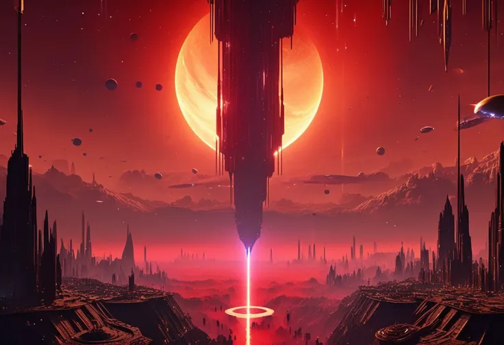 upside down world where humans are falling from a blood red sky with shooting stars destroying a monumental post apocalyptic city, masterpiece, best quality, hyper detailed, ultra detailed, ultra high definition, 8k, unreal engine 5, super sharp focus, intricate masterpiece art, golden ratio, popular on artstation