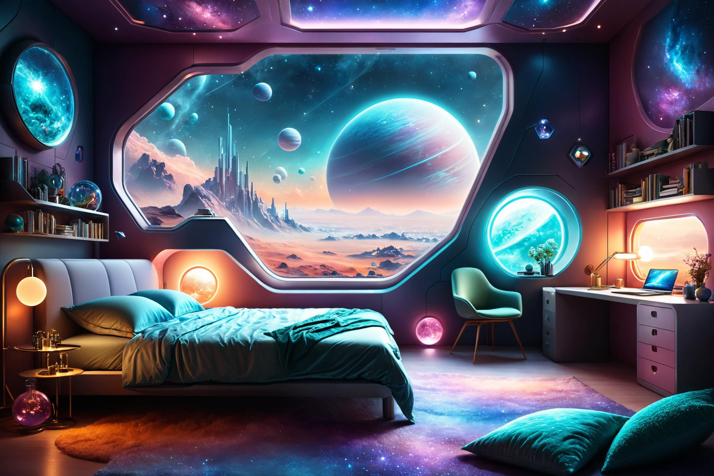 photorealistic, detailed digital illustration of a Science Fiction Softly lit bedroom with dreamy colors, <lora:EnvyCozyXL01:0.7>, <lora:xl_more_art-full_v1:0.7>, <lora:EnvyEthescapelXL01:0.7>