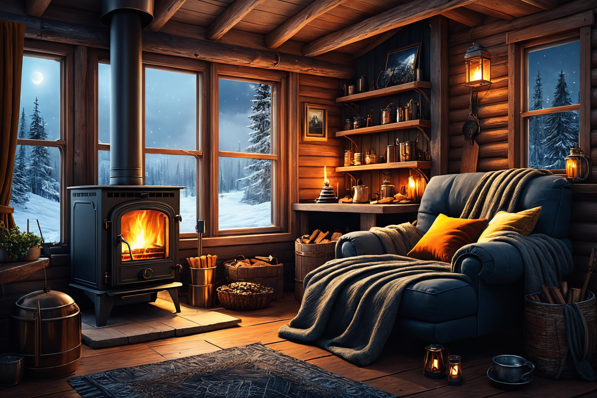 A close up of a couch in a room with a fire place - SeaArt AI