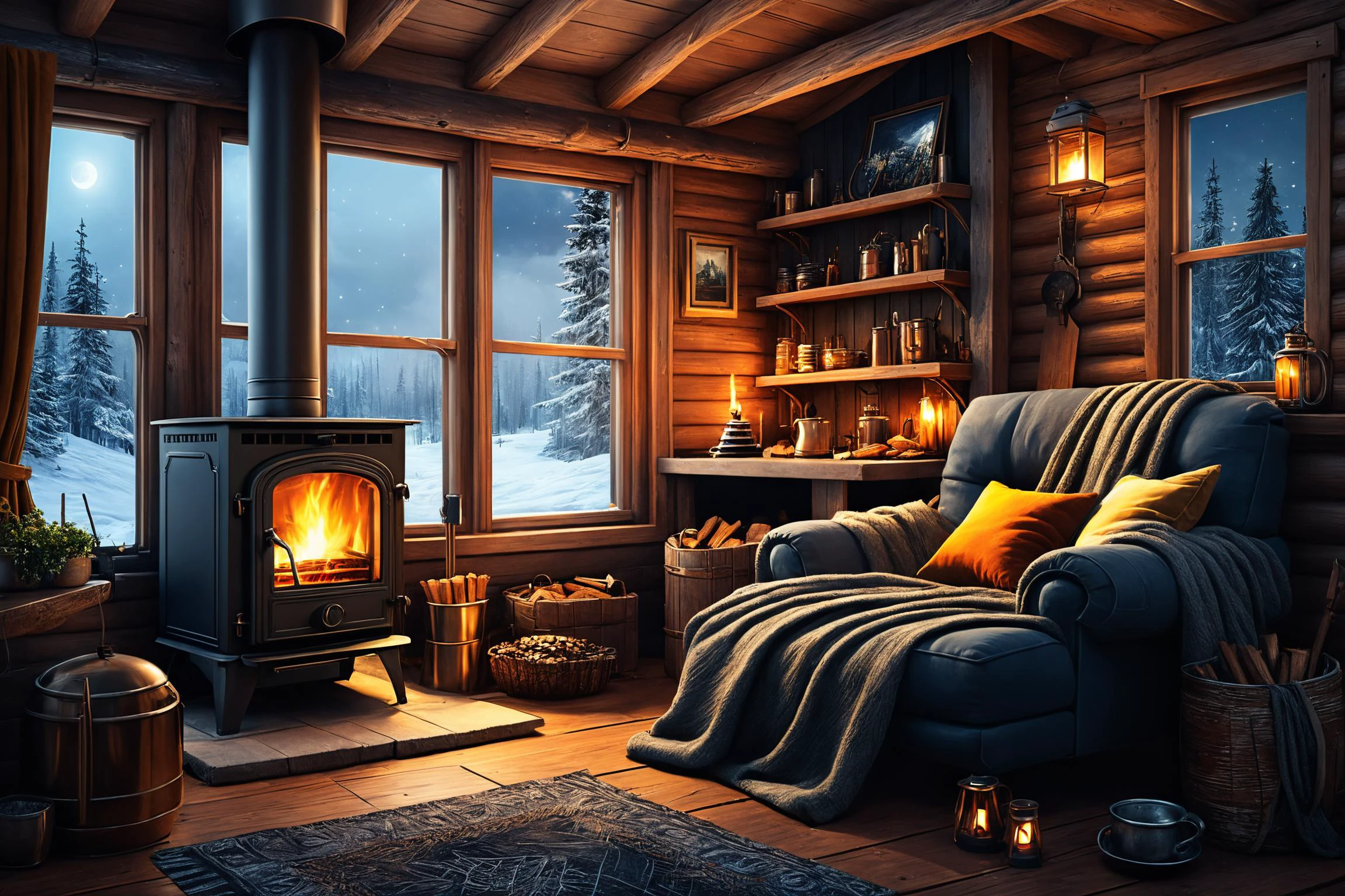 photorealistic, detailed digital illustration of a Lunarpunk Cozy cabin with wood-burning stove, <lora:EnvyCozyXL01:0.7>, <lora:RMSDXL_Creative:1.5>, <lora:EnvyEthescapelXL01:0.7>