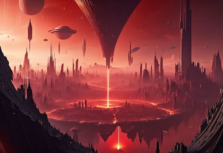 upside down world where humans are falling from a blood red sky with shooting stars destroying a monumental post apocalyptic city, masterpiece, best quality, hyper detailed, ultra detailed, ultra high definition, 8k, unreal engine 5, super sharp focus, intricate masterpiece art, golden ratio, popular on artstation