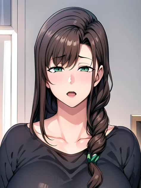 Bedroom,collarbone, 
Black shirt,
<lora:Oikawa_Amane_FamilyControl-KK77-4:0.7>,
green_eyes,brown_hair,bangs,hair ornament,single_braid,long hair,
<lora:Oda_Non_Style-KK77-V2:0.3>,<lora:more_details:0.1>,<lora:SaiminSeishidou_Lesson_Style-KK77-V1:0.3>,
1 girl, 20yo,Young female,Beautiful long legs,Beautiful body,
Beautiful Nose,Beautiful character design, perfect eyes, perfect face,expressive eyes,perfect balance,
looking at viewer,(Focus on her face), (innocent_big_eyes:1.0),open mouth, 
official art,extremely detailed CG unity 8k wallpaper, perfect lighting,Colorful, Bright_Front_face_Lighting,White skin,
(masterpiece:1.0),(best_quality:1.0), ultra high res,4K,ultra-detailed,
photography, 8K, HDR, highres, absurdres:1.2, Kodak portra 400, film grain, blurry background, bokeh:1.2, lens flare, (vibrant_color:1.2),professional photograph,
(Beautiful,large_Breasts:1.4), (beautiful_face:1.5),(narrow_waist),