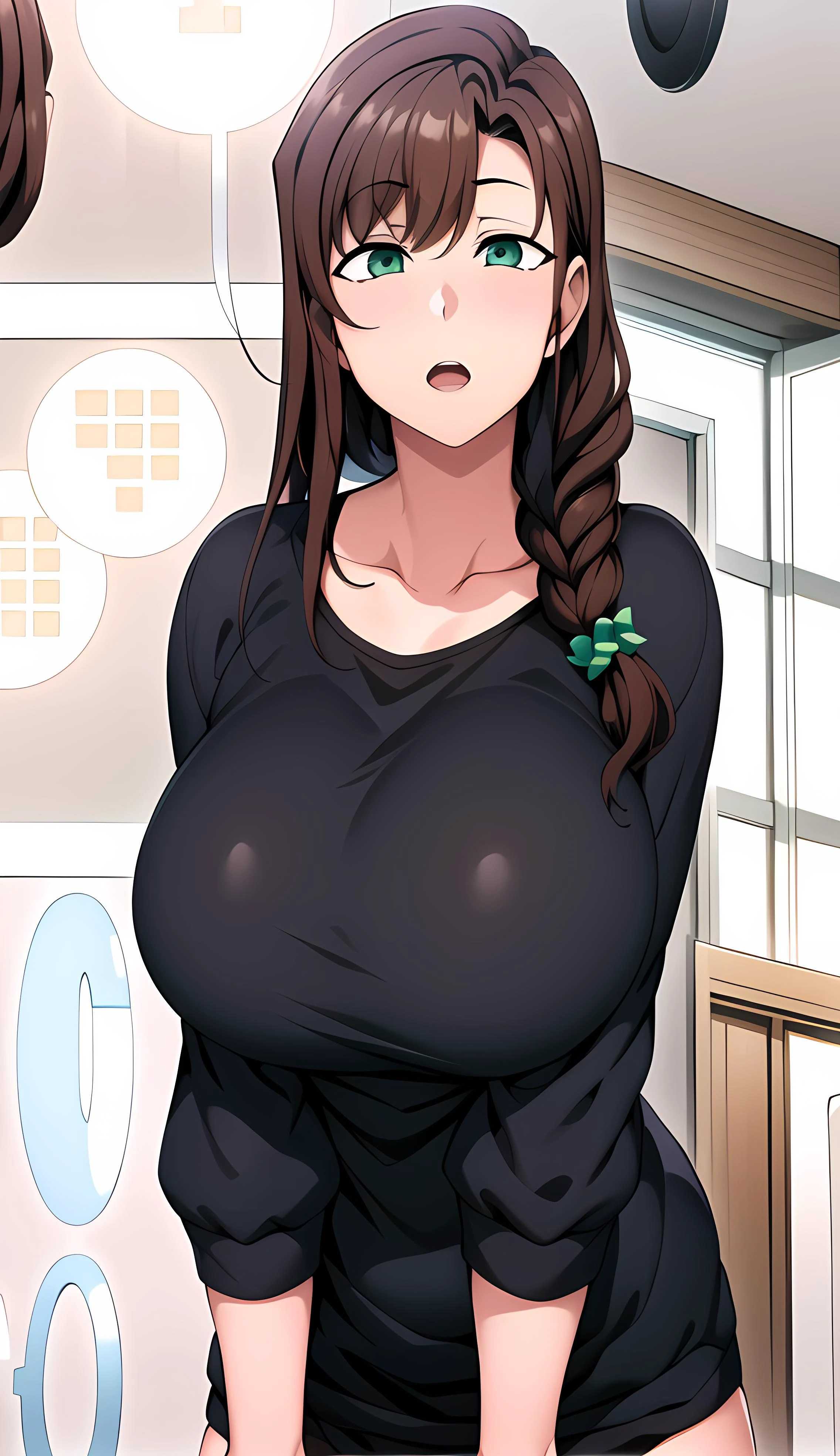 Bedroom,collarbone,
Black shirt,
<lora:Oikawa_Amane_FamilyControl-KK77-4:0.7>,
green_eyes,brown_hair,bangs,hair ornament,single_braid,long hair,
<lora:Oda_Non_Style-KK77-V2:0.3>,<lora:more_details:0.1>,<lora:SaiminSeishidou_Lesson_Style-KK77-V1:0.3>,
1 girl, 20yo,Young female,Beautiful long legs,Beautiful body,
Beautiful Nose,Beautiful character design, perfect eyes, perfect face,expressive eyes,perfect balance,
looking at viewer,(Focus on her face), (innocent_big_eyes:1.0),open mouth,
official art,extremely detailed CG unity 8k wallpaper, perfect lighting,Colorful, Bright_Front_face_Lighting,White skin,
(masterpiece:1.0),(best_quality:1.0), ultra high res,4K,ultra-detailed,
photography, 8K, HDR, highres, absurdres:1.2, Kodak portra 400, film grain, blurry background, bokeh:1.2, lens flare, (vibrant_color:1.2),professional photograph,
(Beautiful,large_Breasts:1.4), (beautiful_face:1.5),(narrow_waist),