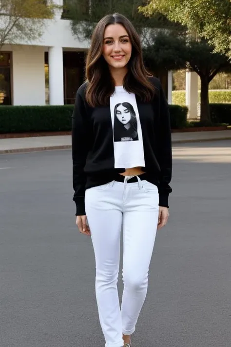 full body shot of madelinezimalora wearing a black sweatshirt and white jeans, looking at viewer, masterpiece, outdoor <lora:madelinezimalora:1>