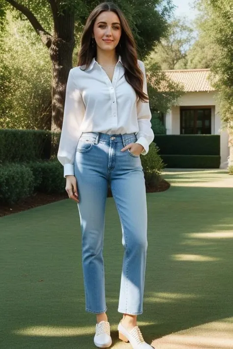 full body shot of madelinezimalora wearing a white blouse and blue jeans, looking at viewer, masterpiece, outdoor <lora:madelinezimalora:1>