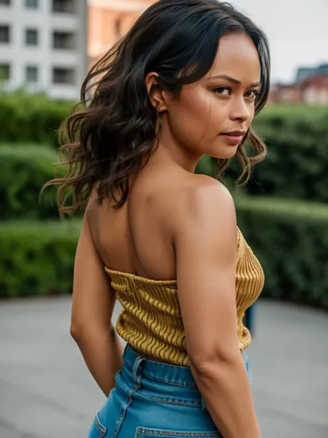 (((back shot:1))), looking over shoulder to camera:1, ((realism)), extremely high quality RAW photograph, detailed background, intricate, Exquisite details and textures, highly detailed, Photo of (Frankie Adams) wearing tight jeans and a tank top, ultra detailed photograph, warm lighting, artstation, 4k, sharp focus, high resolution, detailed skin, detailed eyes, 8k uhd, dslr, low harsh lighting, high quality, film grain, Fujifilm XT3,