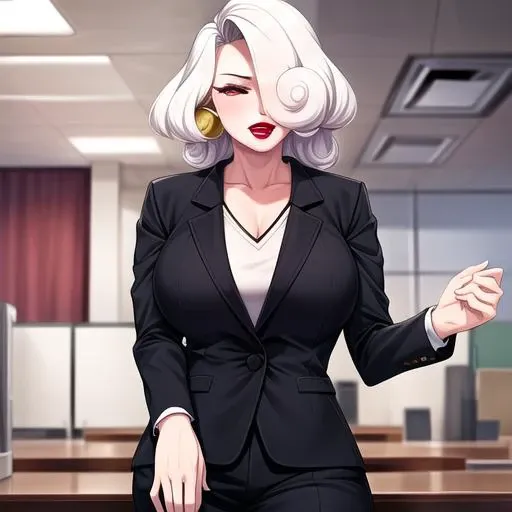 (8k) (high res) (best quality) (masterpiece) 1girl, yuki_yoshida, white hair, hair over one eye, black sclera, lipstick, suit, office,