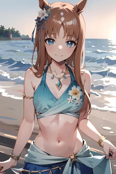 best quality,masterpiece, high res,original, beautiful detailed eyes,ultra-detailed, front light, 1girl, grass wonder \(umamusume\), emerald_on_the_waves, solo focus, blush, smile, looking at viewer, navel, collarbone, swimsuit, bikini, sarong, breasts, outdoors, standing, beach, ocean,
<lora:emerald_on_the_waves:0.75> <lora:grass wonder:0.8>