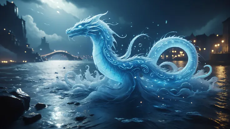tempestmagic Sea serpent with bioluminescent patterns, Underwater city with floating walkways in the background,, Strobe Lighting, bl4ckl1ghtxl, sharp focus, ethereal transparent cloth, iridescent, highly detailed, cinematic lighting, 8k, HD, artgerm<lora:Tempest_Magic_-_XL_Grimoire:0.8> <lora:MJ52:0.4> <lora:bl4ckl1ghtxl:0.7>