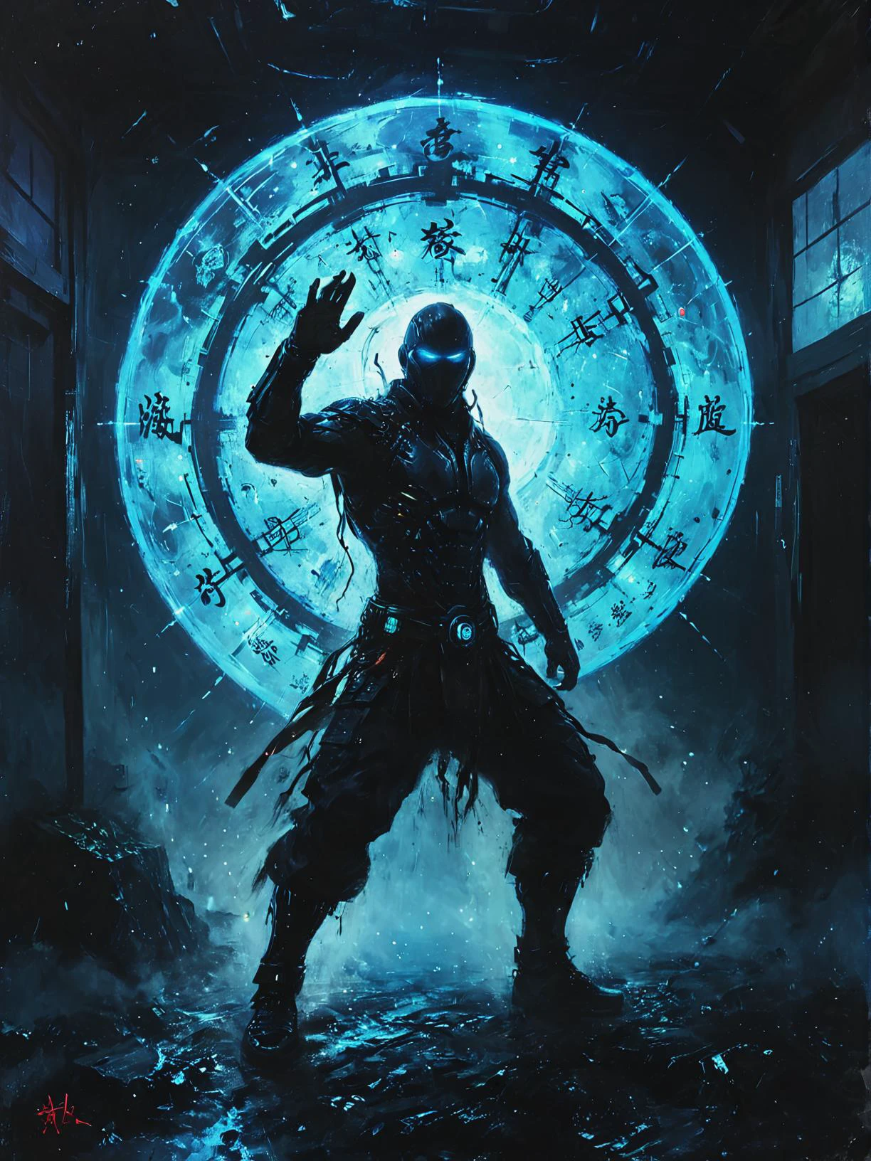 Astral projectionist exploring parallel dimensions in Cybernetic martial artists in virtual dojo, ultra-fine digital painting, <lora:xl_more_art-full_v1:0.3>, <lora:Desolation:0.7>, <lora:bl4ckl1ghtxl:0.7> bl4ckl1ghtxl
