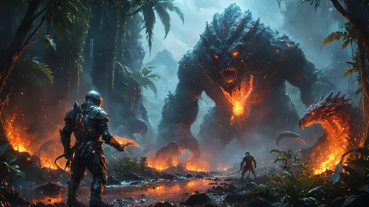 alien landscape, full body Biomechanical towering metallic giant monsters, Volcanic calderas aglow with fiery magma, Crystal-clear river winding through lush jungle , alien flora, alien fauna, Neon Lighting, <lora:bl4ckl1ghtxl:0.7> bl4ckl1ghtxl, <lora:xl_more_art-full_v1:0.4> <lora:XL_boss_battle:1> Bosstyle, highly detailed, photorealism, hyperrealism, sharp focus