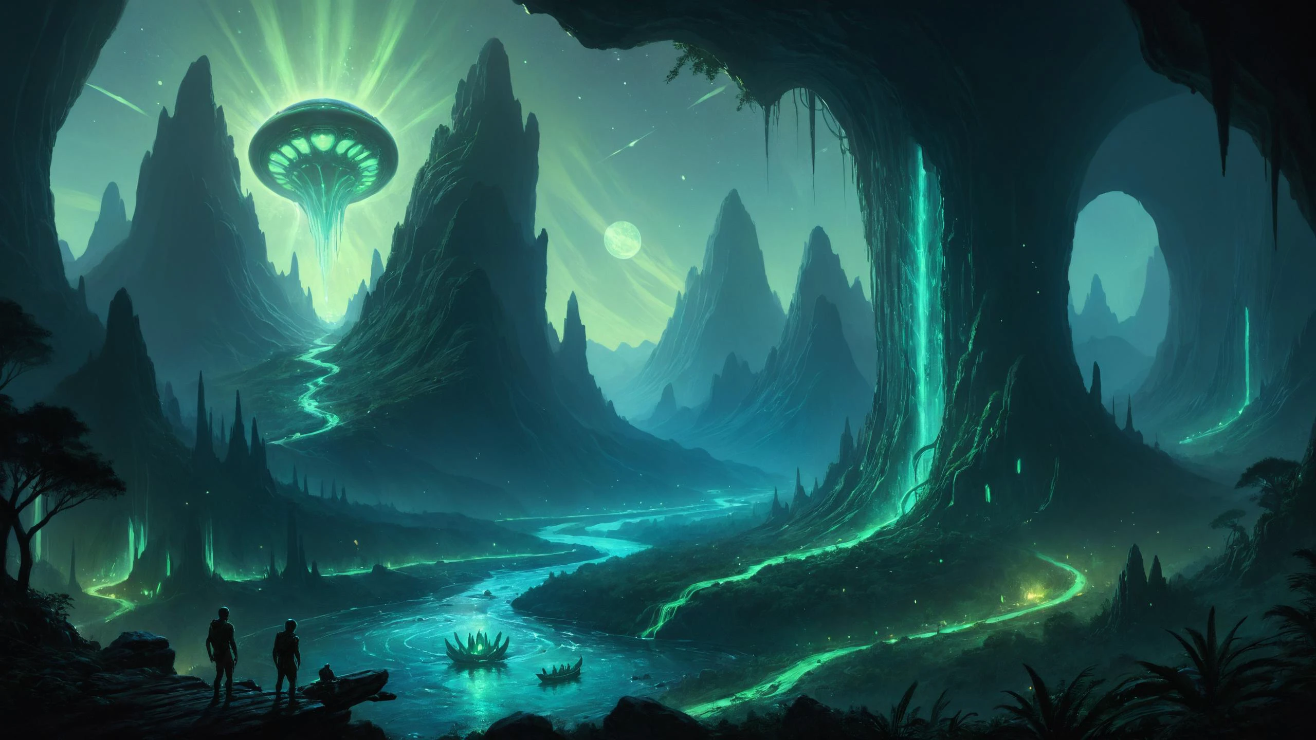 The zavy-rmn ruins of an alien civilization, Bioluminescent rivers weaving through lush valleys in the background,, glow in the dark, bl4ckl1ghtxl, sharp focus digital painting, concept art, award-winning illustration by Greg Rutkowski, and Sakimichan <lora:zavy-rmn-sdxl:0.8> <lora:RMSDXL_Creative:0.4> <lora:bl4ckl1ghtxl:0.7>