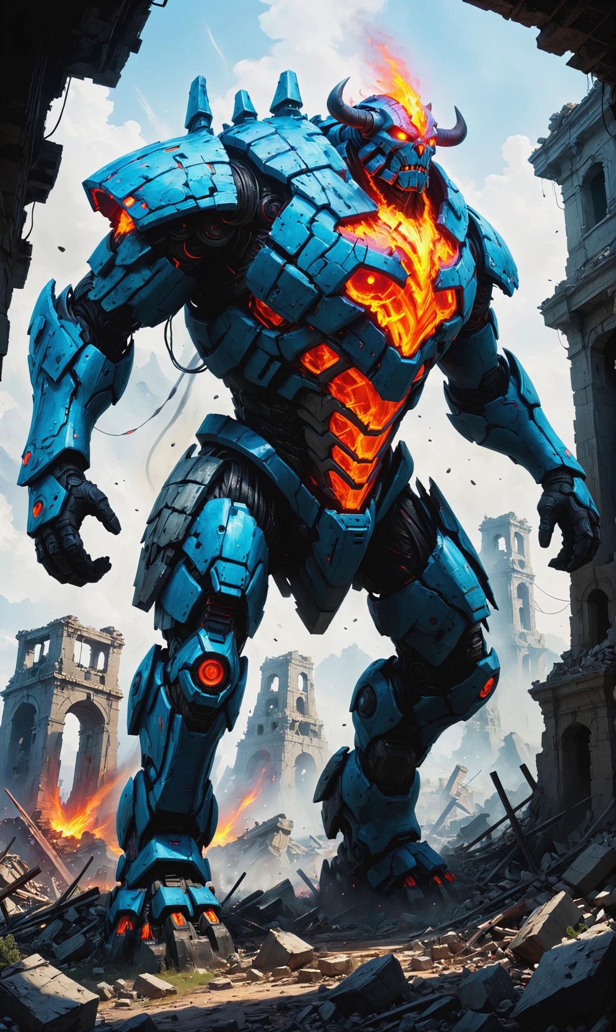 Robotic behemoth stomping through ruins in Elemental battleground with shifting landscapes, ultra-fine digital painting, <lora:xl_more_art-full_v1:0.3>, <lora:bl4ckl1ghtxl:0.7> bl4ckl1ghtxl