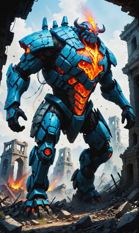 Robotic behemoth stomping through ruins in Elemental battleground with shifting landscapes, ultra-fine digital painting, <lora:xl_more_art-full_v1:0.3>, <lora:bl4ckl1ghtxl:0.7> bl4ckl1ghtxl