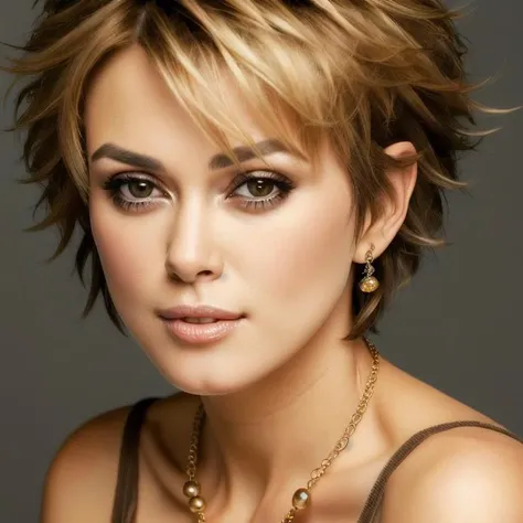 closeup picture, best quality, a sexy 30yo beautiful KK<lora:KK:1.0>, short hair, messy hair, looking at viewer, blonde hair, blurry, brown eyes, simple background, gray background, casual clothes, jewlery, makeup, portrait, realistic, 8k, hdr