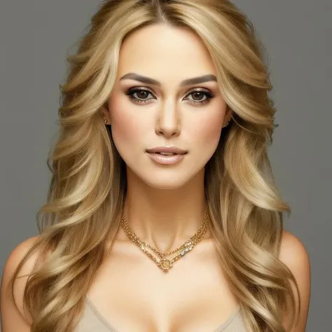 closeup picture, best quality, a sexy 30yo beautiful KK<lora:KK:1.0>, long hair, looking at viewer, blonde hair, blurry, brown eyes, simple background, gray background, casual clothes, jewlery, makeup, portrait, realistic, 8k, hdr