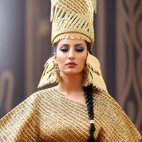 cinematic shot center of view image for create a surrealistic version of the babylon style costume worn by the one Arabic woman in the promotional image. Include a long braid, fur collar, and chain around the neck, and incorporate abstract elements that represent the lush garden and green bird.,