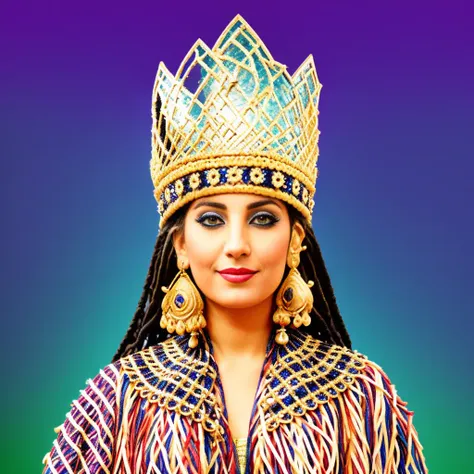 Create a surrealistic version of the Babylonian style costume, with a realistic style full shot photograph of the smiling Arabic woman wearing a fur collar, long braid, and chain around her neck. Incorporate abstract elements such as a rainbow that arcs in the background and a mist that envelopes the woman. Use a bright color palette to create a cheerful and dreamlike atmosphere.