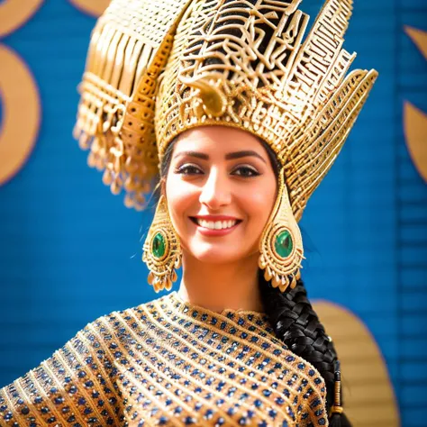 close-up shot create a surrealistic version of the Babylonian style costume worn by a smiling Arabic woman in the promotional image. Include a long braid, fur collar, and chain around the neck, and incorporate abstract elements that represent the lush garden and green bird. babylon style,