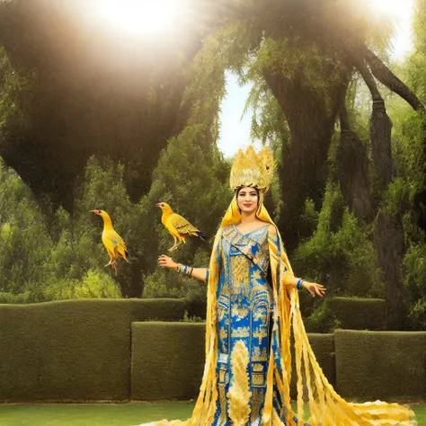 Create a surrealistic version of the babylon style costume, with a realistic style full shot photograph of the smiling Arabic woman in a garden setting. Incorporate abstract elements such as a stormy sky with rain pouring down and fires that blaze in the background. Add a green bird that perches on her shoulder, and use a high contrast black and white filter to create a dramatic effect.