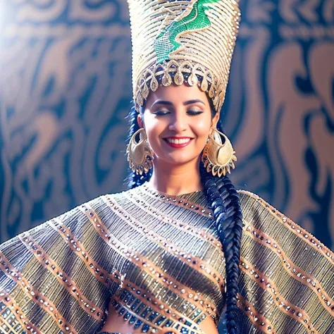 cinematic shot create a surrealistic version of the babylon style costume worn by a smiling one Arabic woman in the promotional image. Include a long braid, fur collar, and chain around the neck, and incorporate abstract elements that represent the lush garden and green bird.,
