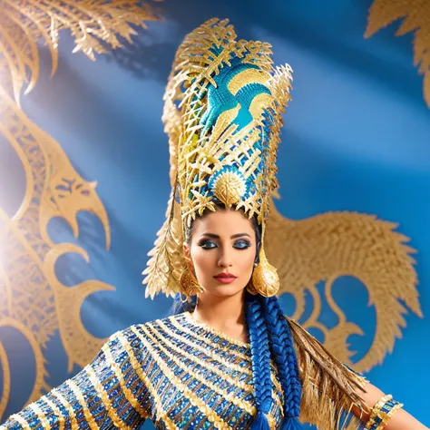 cinematic full shot center-of-view image for create a surrealistic version of the babylon style costume worn by the one Arabic woman with blue eyes in the promotional image. Include a long braid, fur collar, and chain around the neck, and incorporate abstract elements that represent the lush garden and green bird., full shote body