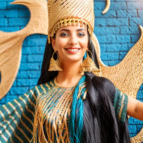 create a surrealistic version of the Babylonian style costume worn by a smiling Arabic woman in the promotional image. Include a long braid, fur collar, and chain around the neck, and incorporate abstract elements that represent the lush garden and green bird. babylon style, close-up