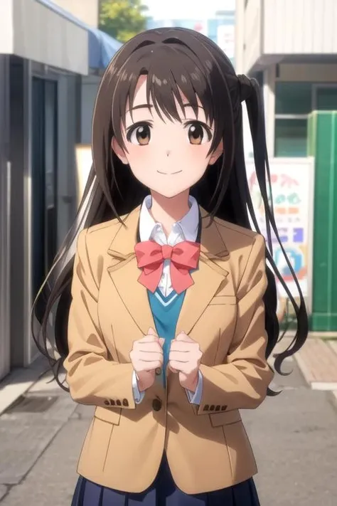 (((pixel-perfect, detail-perfect))), solo, 1girl, <lora:uzuki-idolmaster-01:0.8>, uzuki shimamura, school uniform, blazer, bow, looking at viewer, smile, v arms