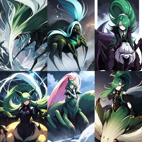 (otherworldly, otherworldly atmosphere, otherworldly appearance), highly insanely detailed, masterpiece, top quality, best quality, highres, 4k, 8k, RAW photo, (long_hair, long hair), collar, earrings, jewelry, 
(random colors cloth, random colors hair, random long hair, dynamic hair, glowing hair), 
long hair, eyelashes, eyeliner, makeup, hair over one eye, 
(dynamic pose), (dynamic weather), 
<lora:arachne_cpt_v01>,  solo, 1girl, arachnecpt, fluffy, extra eyes, green hair, front ponytail, small breasts, white eyes, spider, Undone sarashi, :p, beautiful detailed face, taur, 
(smiling at viewer), (fantasy world)