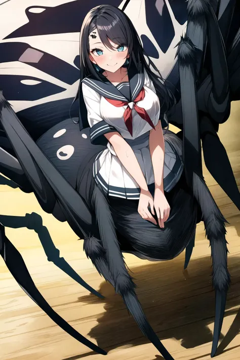 masterpiece,best quality,super detailed,ultra detailed,extreme detailed,extremely detailed,ultimate detailed,hyper detailed,beautiful eyes,beautiful hair,beautiful face,beautiful skin,perfect anatomy,high resolution,1girl,8k,dutch angle,full body,
huge breasts,smile,blush,seductive_smile,sweat,kind_smile,naughty_face,school uniform,serafuku,sailor collar,white shirt,pleated skirt,
(arachnecpt:1.1),<lora:arachne_cpt_v01:1>,<lora:add_detail:0.5>,(extra eyes:1.1),happy,(arachne:1.1),taur,