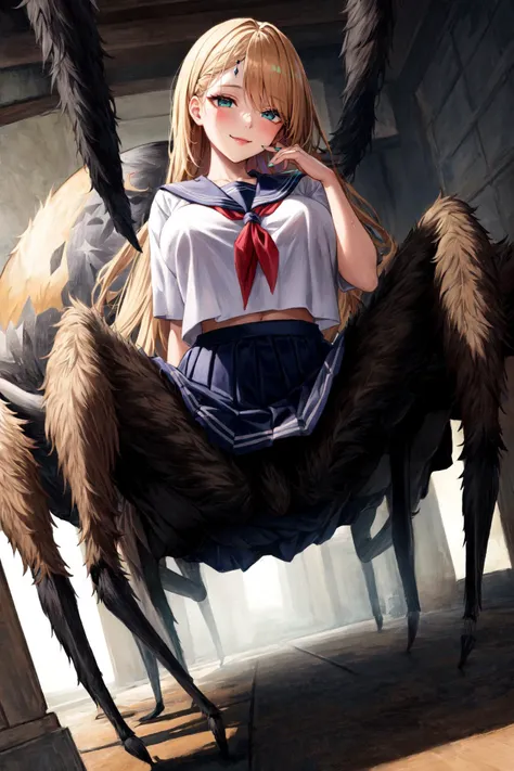 masterpiece,best quality,super detailed,ultra detailed,extreme detailed,extremely detailed,ultimate detailed,hyper detailed,beautiful eyes,beautiful hair,beautiful face,beautiful skin,perfect anatomy,high resolution,1girl,8k,dutch angle,full body,huge breasts,smile,blush,seductive_smile,(kind_smile:1.2),(naughty_face:1.2),school uniform,serafuku,sailor collar,white shirt,pleated skirt,(arachnecpt:1.2),<lora:arachne_cpt_v01:1>,<lora:add_detail:0.8>,(extra eyes:1.1),happy,(arachne:1.2),(taur:1.1),