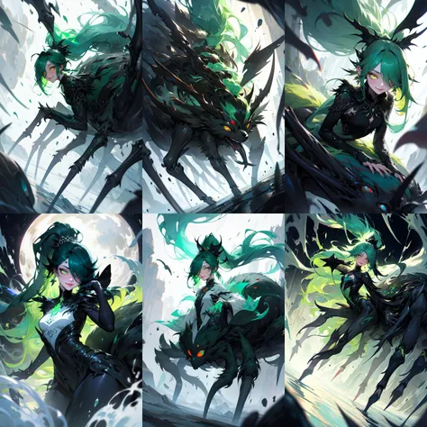 (otherworldly, otherworldly atmosphere, otherworldly appearance), highly insanely detailed, masterpiece, top quality, best quality, highres, 4k, 8k, RAW photo, (long_hair, long hair), collar, earrings, jewelry,
(random colors cloth, random colors hair, random long hair, dynamic hair, glowing hair),
long hair, eyelashes, eyeliner, makeup, hair over one eye,
(dynamic pose), (dynamic weather),
<lora:arachne_cpt_v01>, solo, 1girl, arachnecpt, fluffy, extra eyes, green hair, front ponytail, small breasts, white eyes, spider, Undone sarashi, :p, beautiful detailed face, taur,
(smiling at viewer), (fantasy world)
