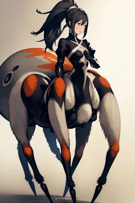 arachnecpt, 1girl, dark grey hair, high ponytail, orange eyes, extra eyes, small breasts, taur, tasuki, <lora:arachne_cpt_v01:1>  <lora:Yoshida_Akihiko_style_v01:1>