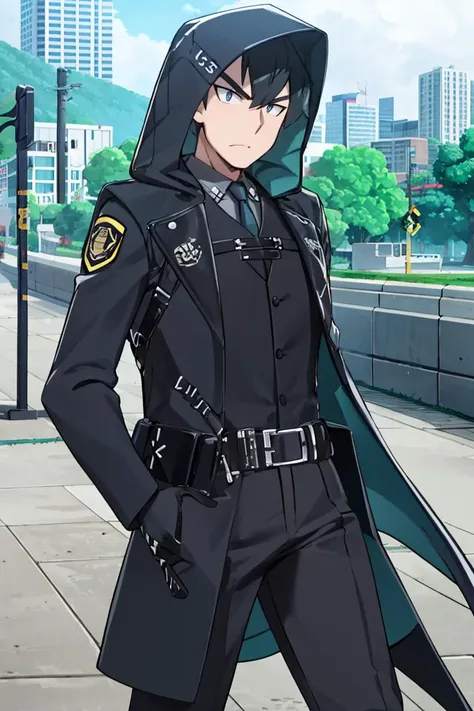 <lora:Alola_Style:0.65>, ((masterpiece,best quality)), absurdres, <lora:counterside_curian:0.85> gerardcurian, 1boy, hood, jacket, necktie, gloves, adult, looking at viewer, city background, police, detective office, hard light, solo, focus