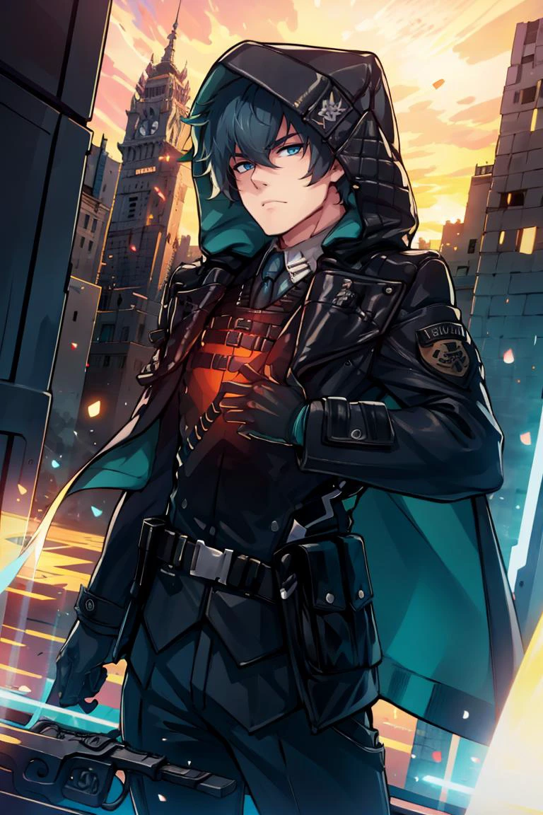 ((masterpiece,best quality)), absurdres, <lora:counterside_curian:0.85> gerardcurian, 1boy, hood, jacket, necktie, gloves, adult, looking at viewer, city background, police, detective office, hard light, solo, focus, cowboy shot, long jacket