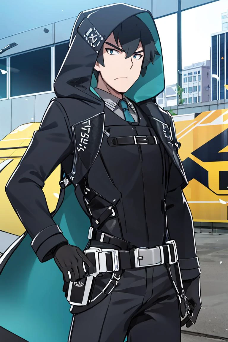 <lora:Alola_Style:0.65>, ((masterpiece,best quality)), absurdres, <lora:counterside_curian:0.85> gerardcurian, 1boy, hood, jacket, necktie, gloves, adult, looking at viewer, city background, police, detective office, hard light, solo, focus, cowboy shot, long jacket