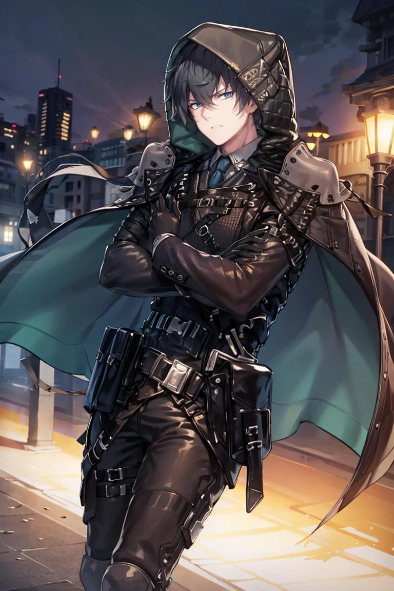 ((masterpiece,best quality)), absurdres, <lora:counterside_curian:0.85> gerardcurian, 1boy, hood, jacket, necktie, gloves, adult, looking at viewer, city background, police, detective office, hard light, solo, focus, cowboy shot, long jacket