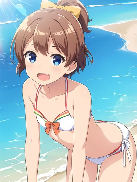 beach,1girl, kinomoto sakura, solo,white micro bikini, green eyes, pussy, brown hair, , short hair, navel,flat chest,blush,get wet,antenna hair,closed mouth,looking at viewer,smile,back view